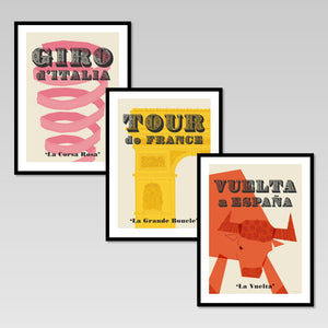 Cycling Grand Tours set of three art prints: Tour de France, Giro d'Italia and Vuelta a Espana