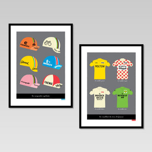 2 framed cycling prints, featuring vintage cycling caps and Tour de France jerseys