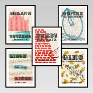  'The Monuments' Cycling Prints Set of 5: Milan-San Remo, Tour of Flanders, Paris-Roubaix, Liège-Bastogne-Liège and Il Lombardia