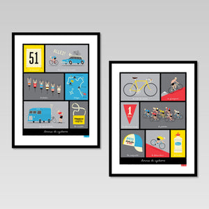 Set of 'Cycling Terms' prints in red and blue in black frames