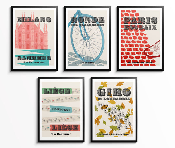 Set of Five Framed and Wall Mounted Cycling Monuments Art Prints
