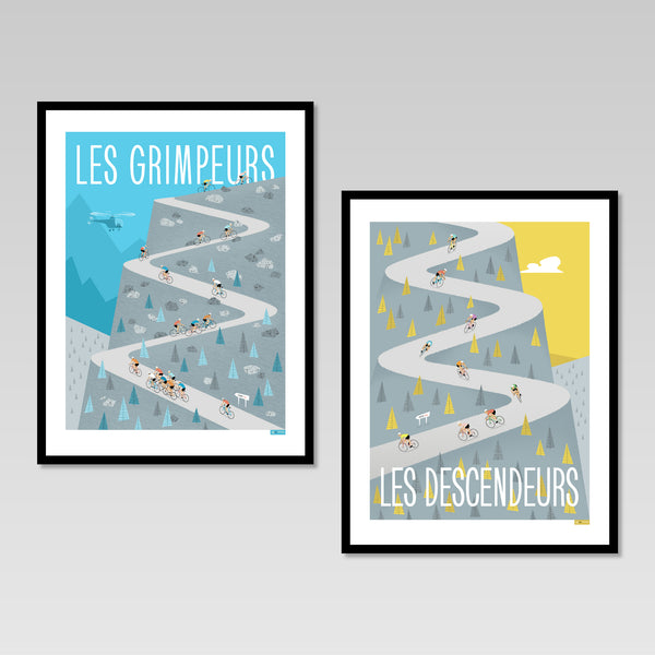 Climbers and Descenders Cycling Prints, Set of  2, shown on a wall  in black frames
