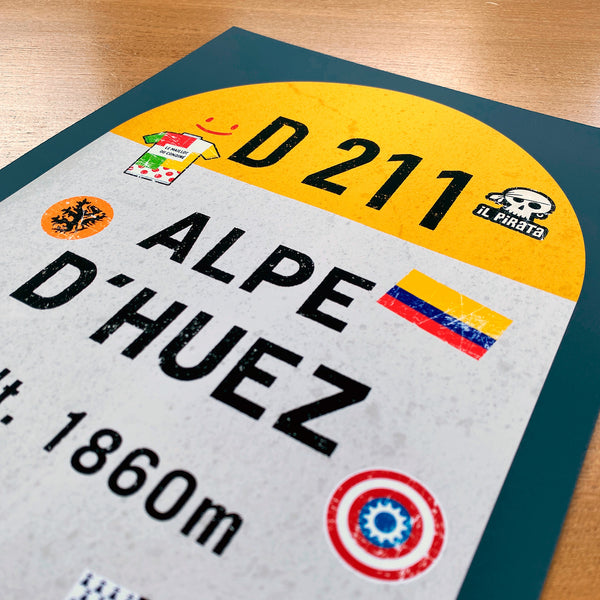 Alpe d'Huez personalised poster, french road marker, detail of graffiti and stickers