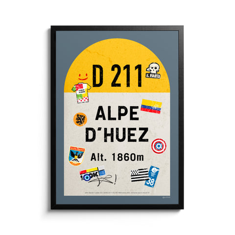 Alpe d'Huez personalised poster, french road sign, framed and displayed on a gallery wall