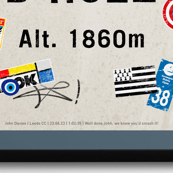 Alpe d'Huez poster, road marker, detail of personalisation on bottom of print