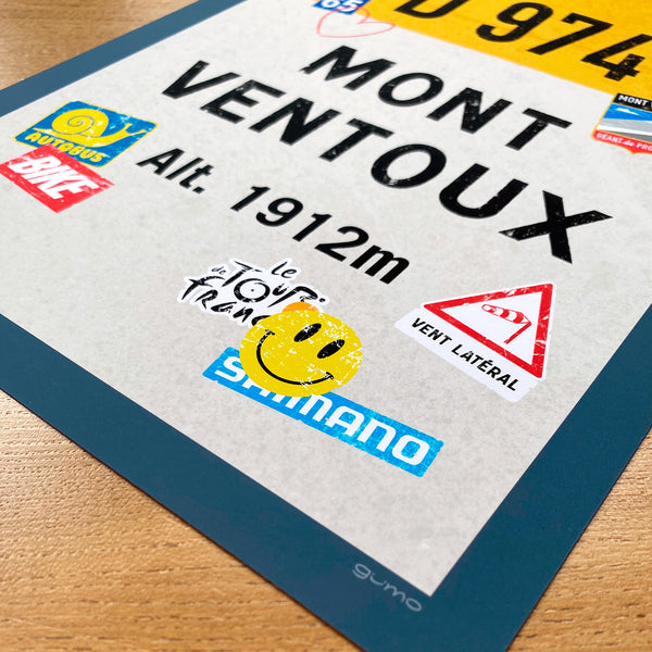 Mont Ventoux personalised poster, french kilometre marker, detail of graffiti and stickers