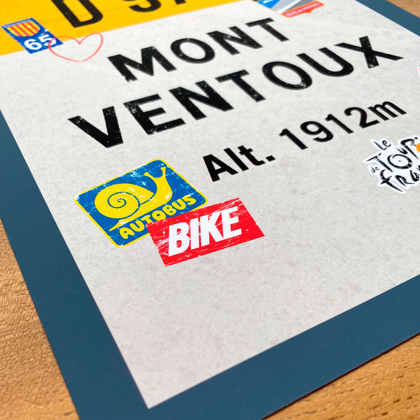 Mont Ventoux personalised poster, french road sign, bottom detail of graffiti and stickers