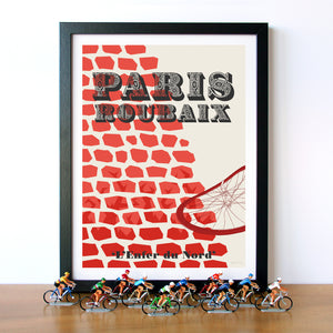 Framed Paris-Roubaix Cycling Print Featuring Miniature Cycling Figurines