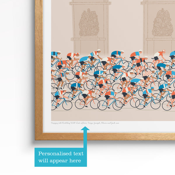 This is a photo showing the customer where the personalised message will be positioned on the cycling art print in ecru if they request it.