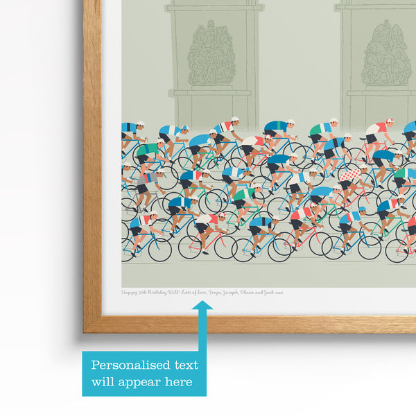 This is a photo showing the customer where the personalised message will be positioned on the cycling art print in sage green if they request it.