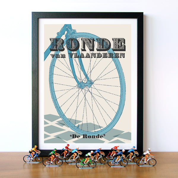 Framed Tour of Flanders Cycling Print With Cycling Figurines