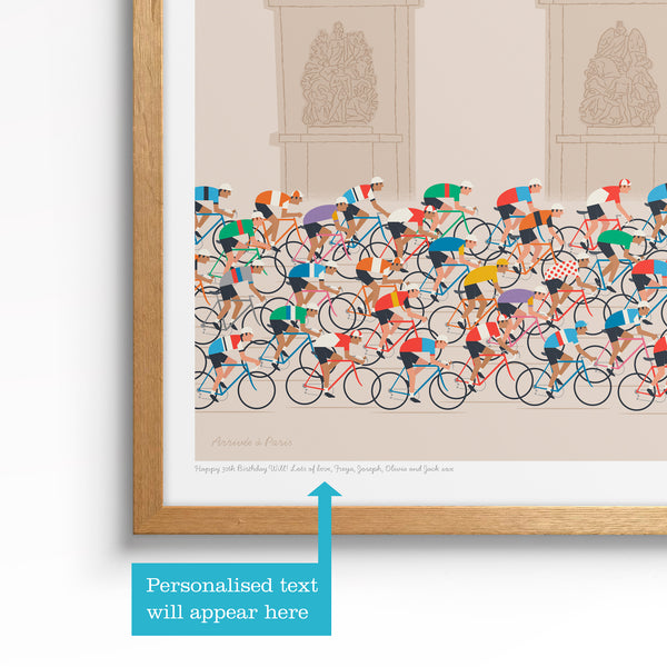 This is a photo of a contemporary cycling art print in ecru, showing where the personalised message will be placed on the customers print.