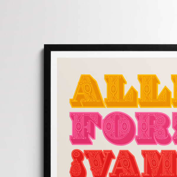 'Allez! Forza! Vamos! Cycling Print', close up detail of decorative lettering in yellow, pink and orange
