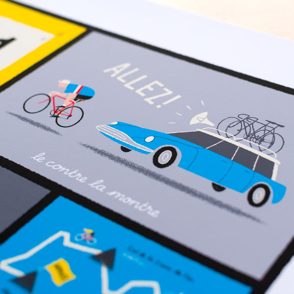 Detail of french cycling terms print, 'le contre la montre'