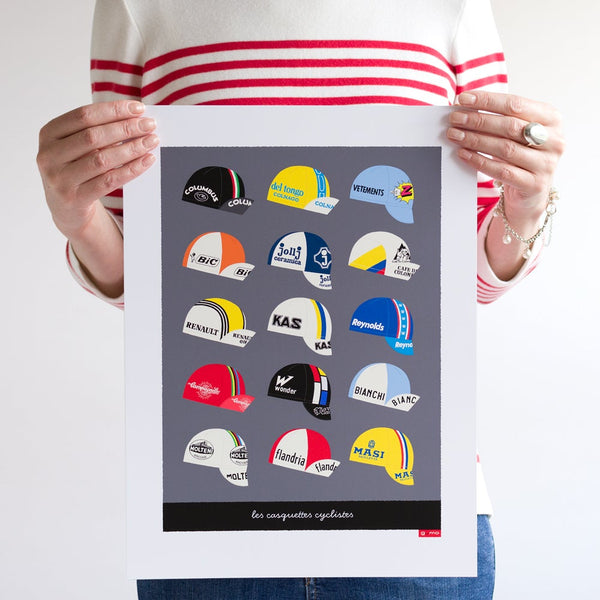  Vintage casquettes cycling caps poster, shown unframed, size 30 x 40 cm.