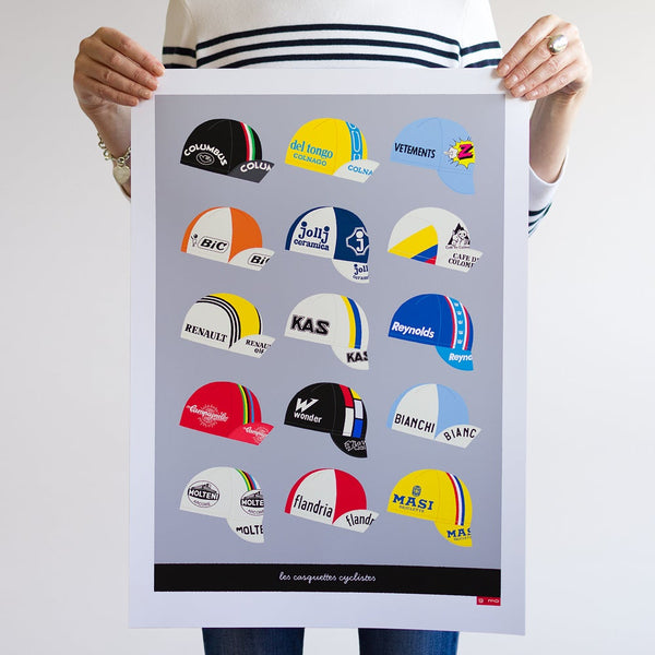 Classic cycling caps poster, with a light grey background, size A2 unframed
