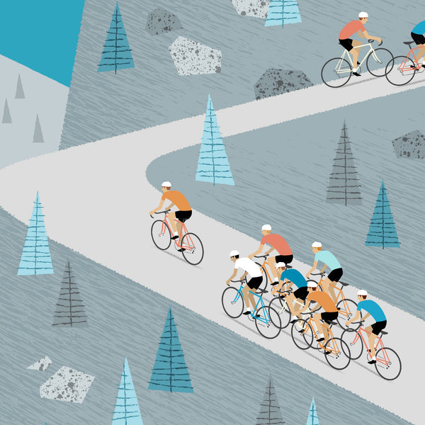 Detail of Climbers cycling poster, showing illustration of cyclists climbing steep gradient