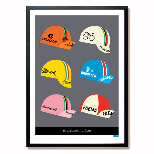 Classic Cycling Caps print in black frame, size A2 