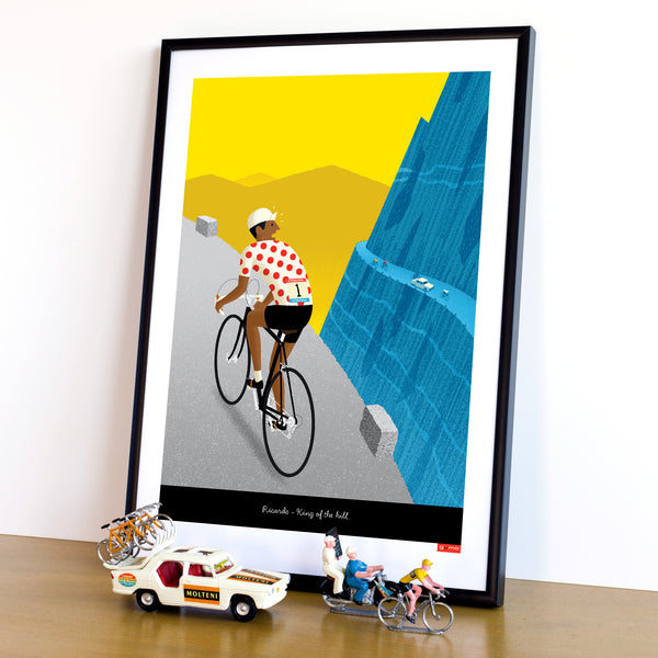 Personalised Cycling Print 'Breakaway' with polka dot jersey and dark skin tone options.