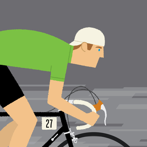 Detail of personalised cycling print, 'Green Jersey' with blue eyes and brown hair option
