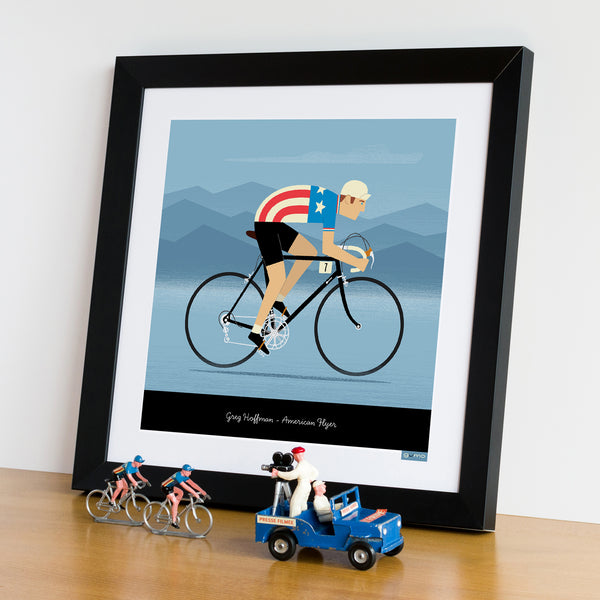 Personalised National Team Jerseys cycling print, with USA jersey design and fair skin tone option. Size: 30 x 30 cm in a black frame