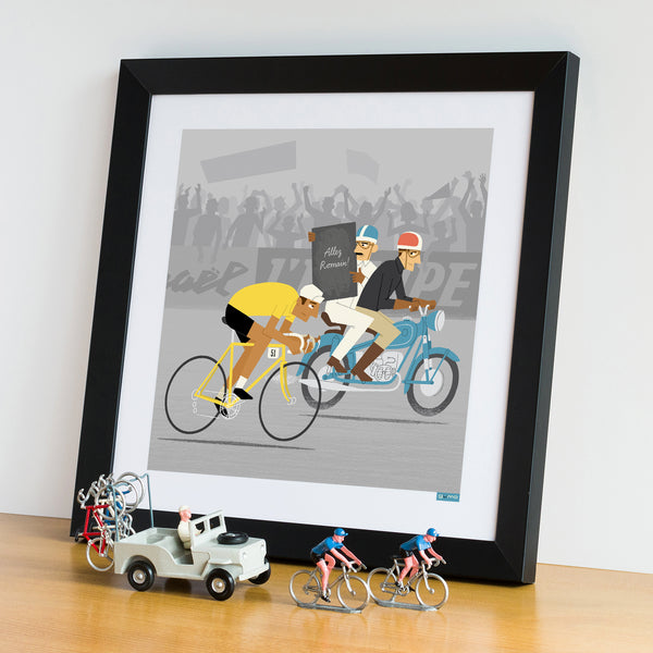 Race Leader personalised cycling print. Size: 30 x 30 cm, displayed with vintage die cast cycllst figures and vehicle