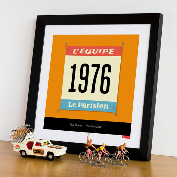 Personalised cycling print, 'Race Number' with Molteni orange jersey option, size: 30 x 30 cm. Shown in a black frame, displayed with vintage cycling figures