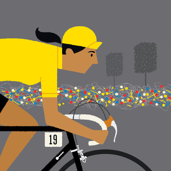 Detail of female yellow jersey personalised cycling print with tan skin tone and race number 19 option