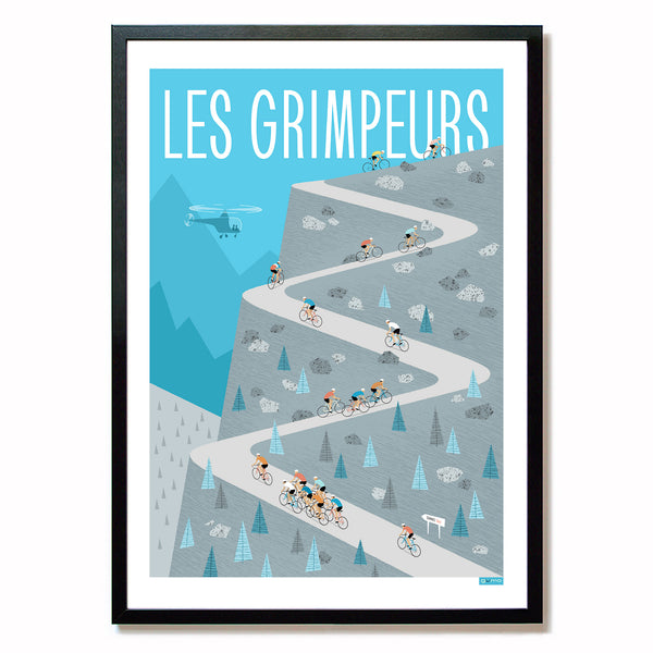 Climbers cycling print, in grey and blue, in black frame