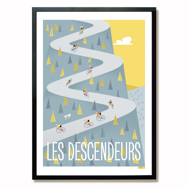 Descenders cycling print, in grey and mustard, in black frame