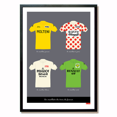 Cycling poster featuring four vintage jerseys of the Tour de France, framed