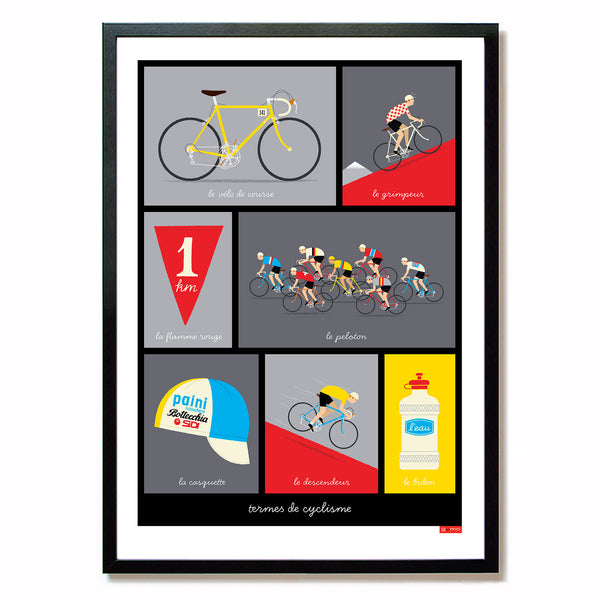 French Cycling Terms Poster, red design in black frame, size: A2.
