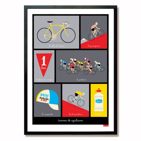 French cycling terms print, Illustrations include; 'velo de course' (racing bike) 'casquette' (cap) & 'bidon' (bottle) etc. Size shown A2  in black frame
