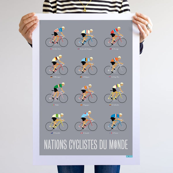 Cyclists of the World Poster, with a grey background, size A2, unframed