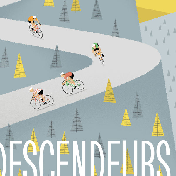detail from 'Descenders' cycling print showing illustrated cyclists racing towards a downhill finish