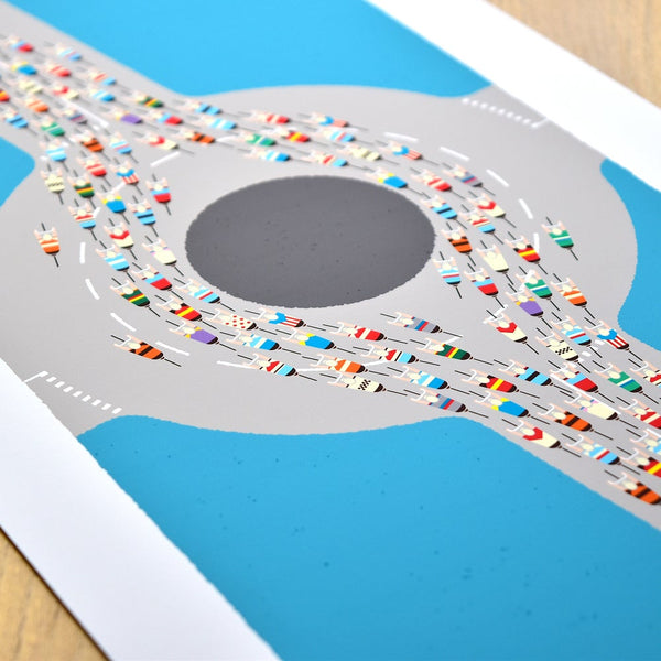 Peloton cycling print, showing overhead detail of illustrated cyclists navigating a roundabout.
