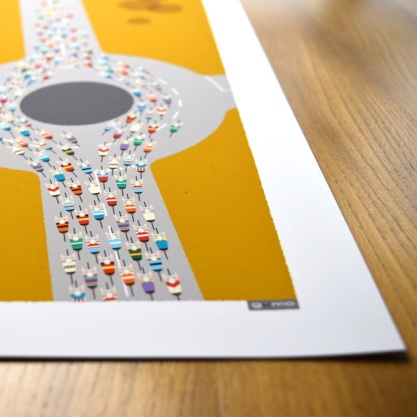Peloton cycling print, overhead detail of illustrated cyclists navigating a roundabout