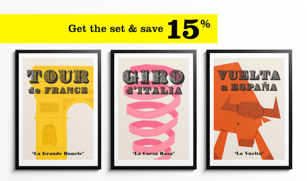 Set of Three Cycling Grand Tours Art Prints Featuring 15% Discount Offer.