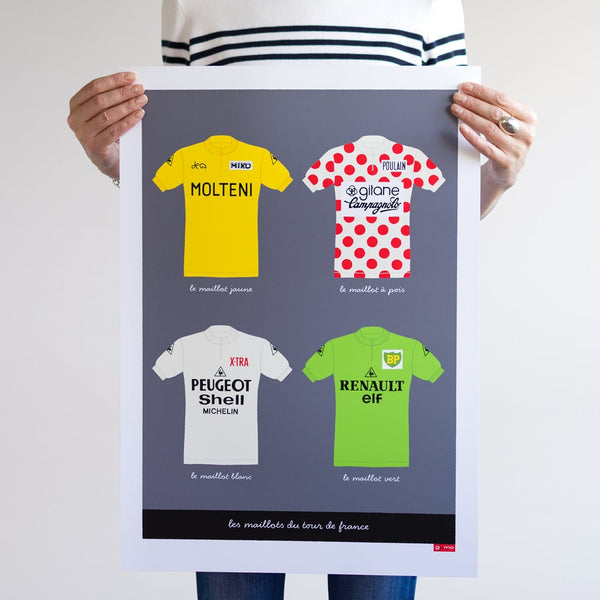 Poster featuring four retro jerseys of the Tour de France. Size: A2 unframed