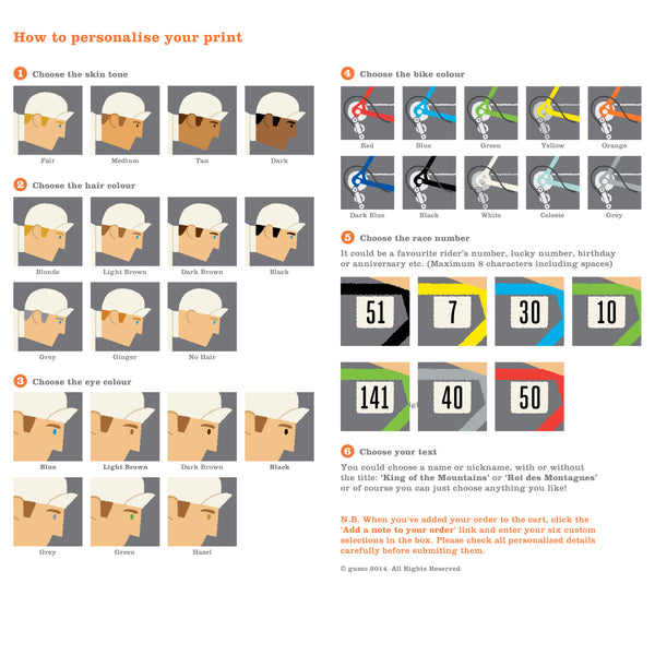 Info graphic showing different options for personalised 'King of the Mountains' cycling print