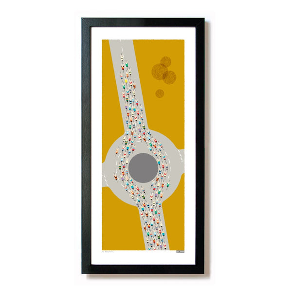 Peloton Roundabout cycling poster, with mid century mustard colourway, shown in black frame