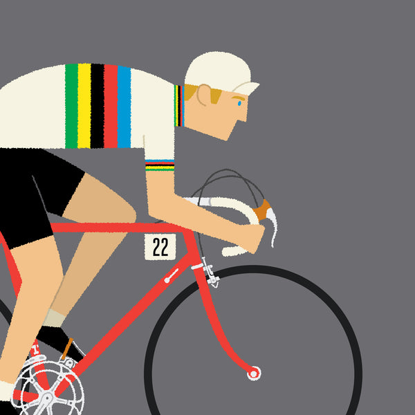 Personalised Rainbow Jersey cycling print detail, showing fair skin tone and red bike colour options