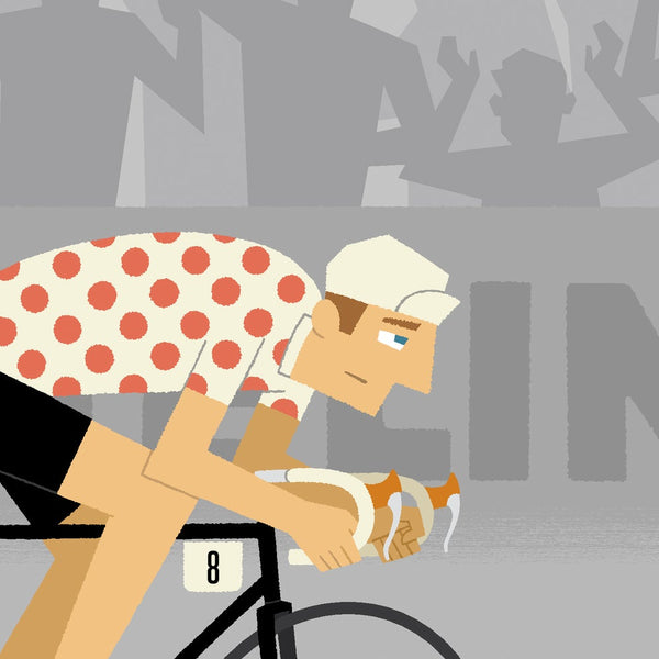 Close up detail of cyclist in 'Personalised Cycling Print, Time Trial'  with polka dot jersey option and blue eyes