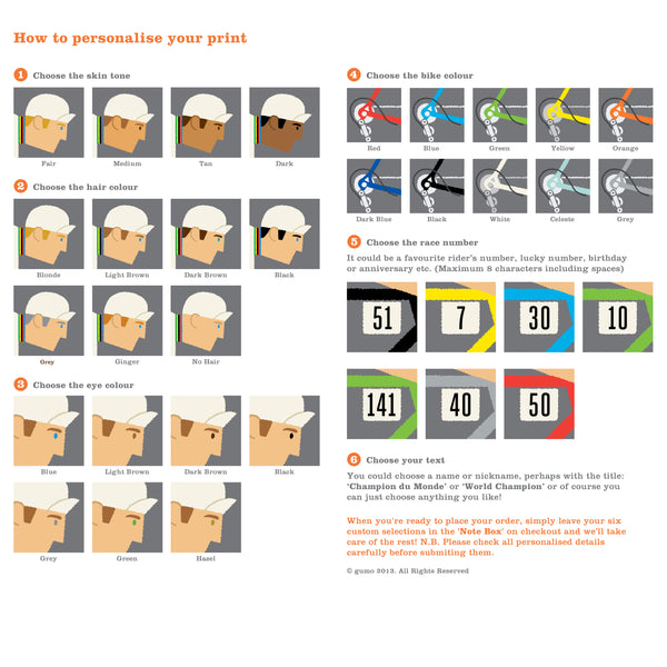 Info graphic showing different options for personalised rainbow jersey cycling print