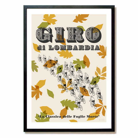 Giro di Lombardia cycling poster, in greens, browns, gold and black, size: A2 framed