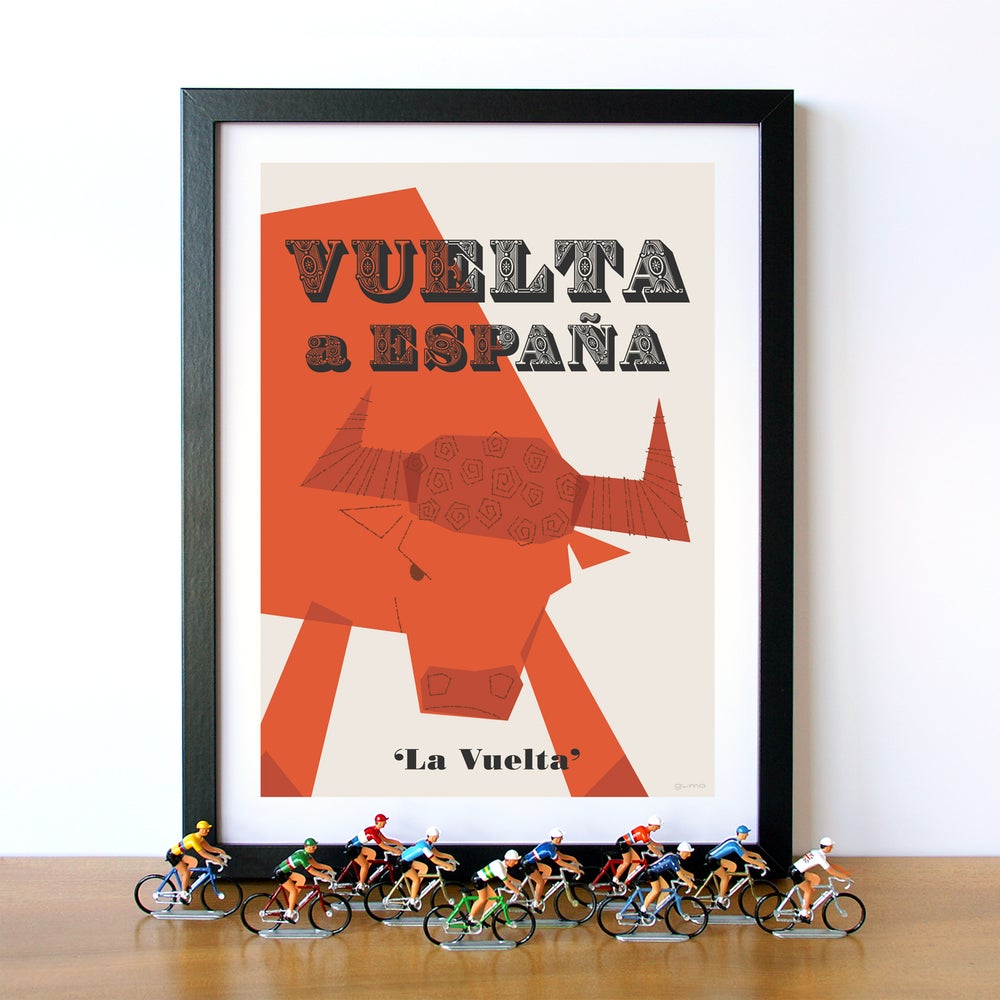 Framed Vuelta a Espana Cycling Print With Cycling Figurines 