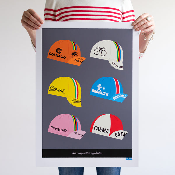 Retro Cycling Caps art print, unframed size A2