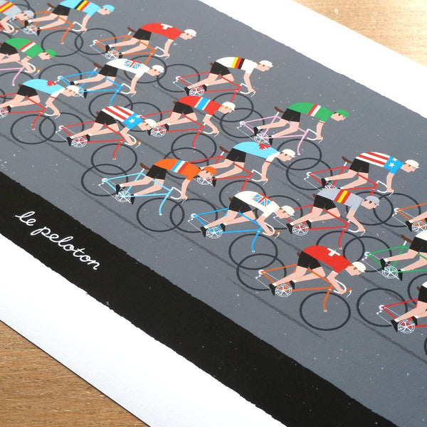 Peloton cycling poster, detail showing illustrated cyclists in national team jerseys