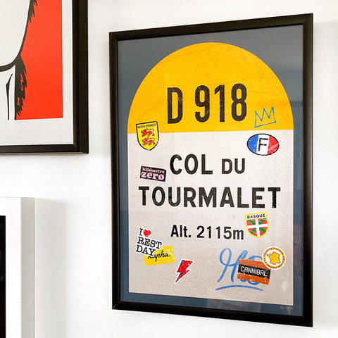 Col du Tourmalet personalised poster, french climbs road sign, framed and displayed on a gallery wall with other prints