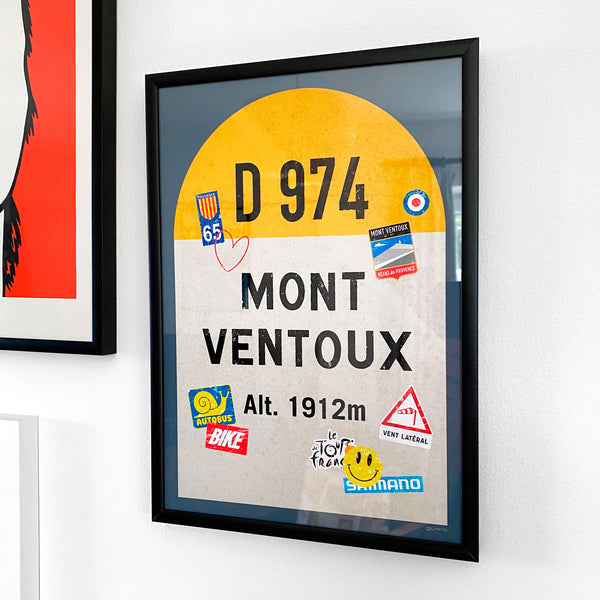 Mont Ventoux personalised poster, french climbs road sign, framed and displayed on a gallery wall with other prints
